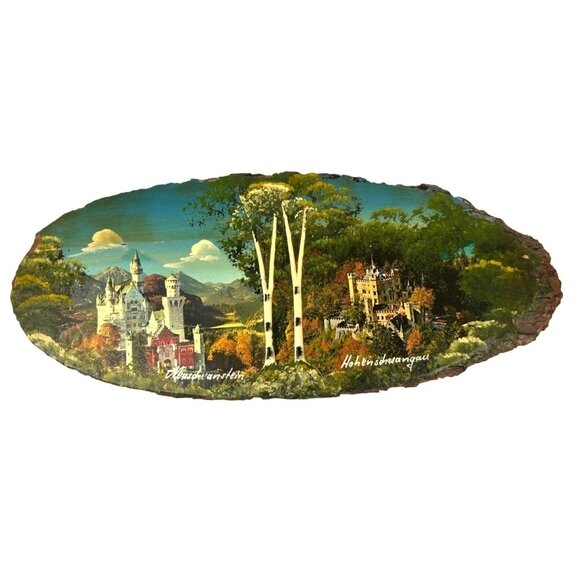 VTG Germany Castles Neuschwanstein Hohenschwangau Transfer Painted Oval Art Wood - Picture 1 of 16